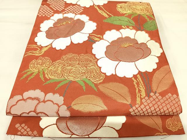 平和屋着物◎六通柄袋帯　唐織　牡丹　金糸　正絹　逸品　AABK0834yx