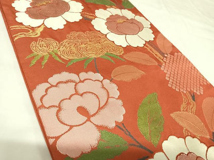 平和屋着物◎六通柄袋帯　唐織　牡丹　金糸　正絹　逸品　AABK0834yx