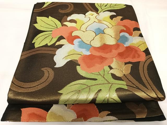 平和屋着物◎六通柄袋帯　更紗花唐草文　黒地　金銀糸　正絹　逸品　AABK0842yx