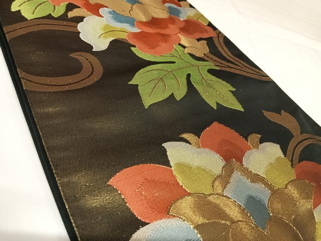 平和屋着物◎六通柄袋帯　更紗花唐草文　黒地　金銀糸　正絹　逸品　AABK0842yx