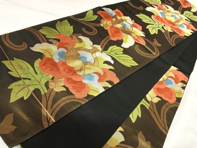 平和屋着物◎六通柄袋帯　更紗花唐草文　黒地　金銀糸　正絹　逸品　AABK0842yx