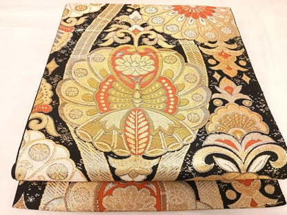 平和屋着物◎六通柄　京本袋帯　唐織　花蝶文　黒地　金銀糸　正絹　逸品　AABK0850yx