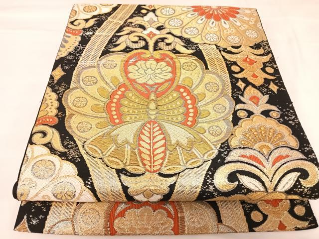 平和屋着物◎六通柄　京本袋帯　唐織　花蝶文　黒地　金銀糸　正絹　逸品　AABK0850yx