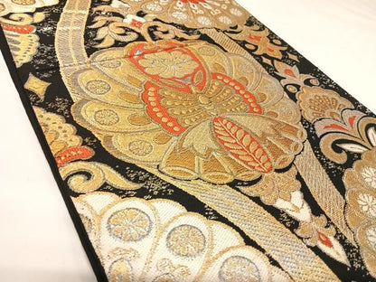 平和屋着物◎六通柄　京本袋帯　唐織　花蝶文　黒地　金銀糸　正絹　逸品　AABK0850yx
