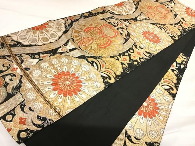 平和屋着物◎六通柄　京本袋帯　唐織　花蝶文　黒地　金銀糸　正絹　逸品　AABK0850yx