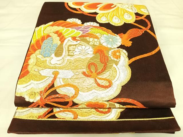 平和屋着物◎六通柄袋帯　唐織　花鞠文　蝶　鶴　金銀糸　正絹　逸品　AABK0852yx