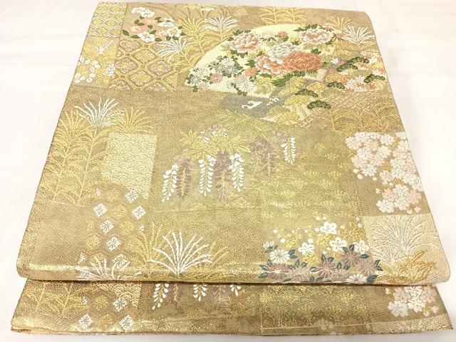 平和屋着物◎六通柄袋帯　唐織　地紙花文　金糸　正絹　逸品　AABK0855yx