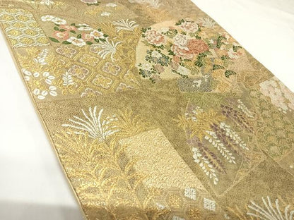 平和屋着物◎六通柄袋帯　唐織　地紙花文　金糸　正絹　逸品　AABK0855yx