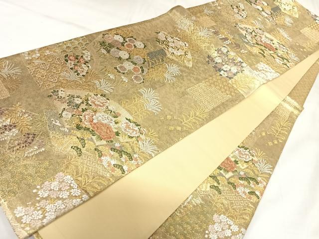 平和屋着物◎六通柄袋帯　唐織　地紙花文　金糸　正絹　逸品　AABK0855yx