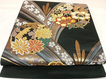 平和屋着物◎西陣　全通柄袋帯　唐織　優都里　花丸文　黒地　金銀糸　正絹　逸品　AABK0861yx