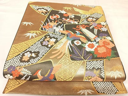 平和屋着物◎六通柄袋帯　唐織　鳳凰花文　金糸　正絹　逸品　AABK0866yx