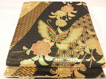 平和屋着物◎佐賀錦　六通柄袋帯　花蝶文　金銀糸　正絹　逸品　AABK0879yx