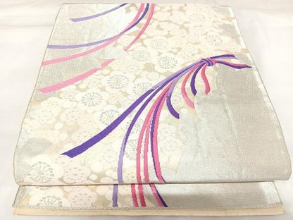 平和屋着物◎六通柄袋帯　唐織　枝梅文　銀糸　正絹　逸品　AABK0880yx