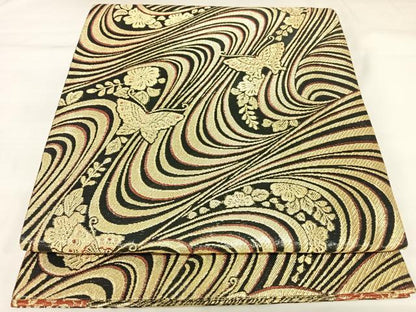 平和屋着物◎両面六通柄袋帯　花蝶文　黒地　金糸　正絹　逸品　AABK0882yx