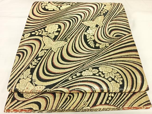 平和屋着物◎両面六通柄袋帯　花蝶文　黒地　金糸　正絹　逸品　AABK0882yx