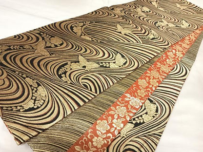 平和屋着物◎両面六通柄袋帯　花蝶文　黒地　金糸　正絹　逸品　AABK0882yx