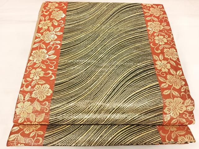 平和屋着物◎両面六通柄袋帯　花蝶文　黒地　金糸　正絹　逸品　AABK0882yx