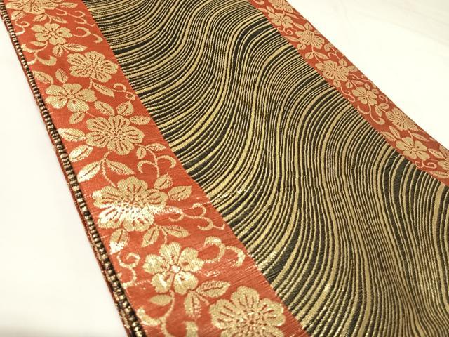 平和屋着物◎両面六通柄袋帯　花蝶文　黒地　金糸　正絹　逸品　AABK0882yx