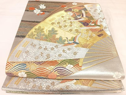 平和屋着物◎六通柄袋帯　唐織　扇面飛鶴花文　金銀糸　正絹　逸品　AABK0892yx