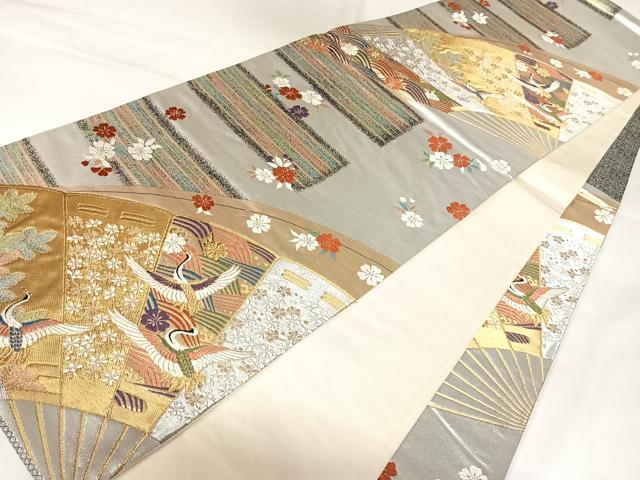 平和屋着物◎六通柄袋帯　唐織　扇面飛鶴花文　金銀糸　正絹　逸品　AABK0892yx