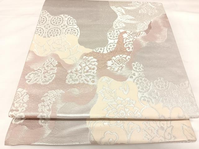 平和屋着物◎六通柄袋帯　更紗花文　銀糸　正絹　逸品　AABK0894yx