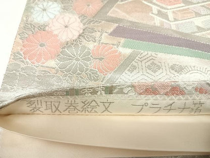 平和屋着物◎六通柄袋帯　唐織　裂取巻絵文　プラチナ箔　手織二重箔　正絹　逸品　AABK0896yx