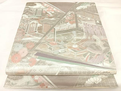 平和屋着物◎六通柄袋帯　唐織　裂取巻絵文　プラチナ箔　手織二重箔　正絹　逸品　AABK0896yx