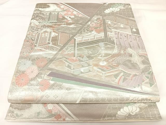 平和屋着物◎六通柄袋帯　唐織　裂取巻絵文　プラチナ箔　手織二重箔　正絹　逸品　AABK0896yx
