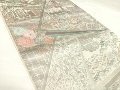 平和屋着物◎六通柄袋帯　唐織　裂取巻絵文　プラチナ箔　手織二重箔　正絹　逸品　AABK0896yx