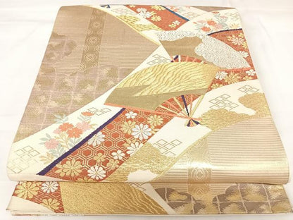 平和屋着物◎六通柄袋帯　唐織　扇面花文　金銀糸　正絹　逸品　AABK0904yx