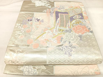 平和屋着物◎六通柄袋帯　唐織　御所車花文　金銀糸　正絹　逸品　AABK0906yx