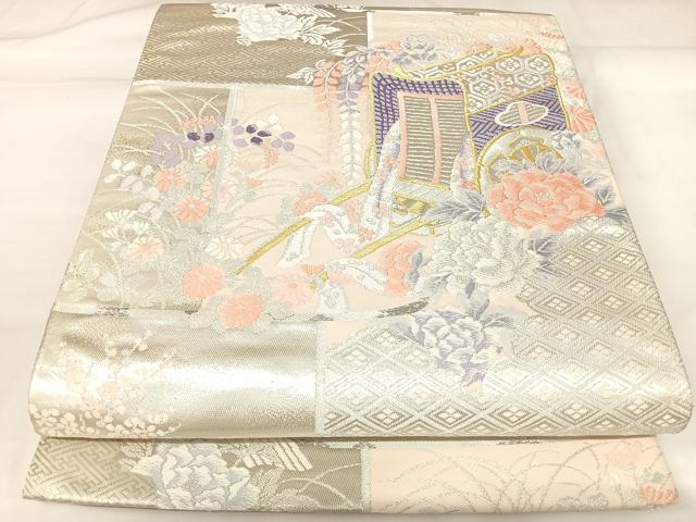 平和屋着物◎六通柄袋帯　唐織　御所車花文　金銀糸　正絹　逸品　AABK0906yx