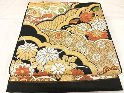 平和屋着物◎六通柄袋帯　唐織　吉祥花文　黒地　金糸　正絹　逸品　AABK0908yx