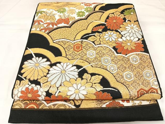 平和屋着物◎六通柄袋帯　唐織　吉祥花文　黒地　金糸　正絹　逸品　AABK0908yx