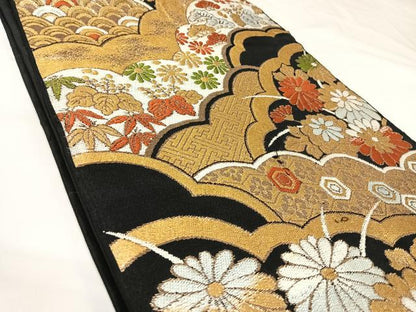 平和屋着物◎六通柄袋帯　唐織　吉祥花文　黒地　金糸　正絹　逸品　AABK0908yx