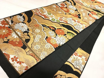平和屋着物◎六通柄袋帯　唐織　吉祥花文　黒地　金糸　正絹　逸品　AABK0908yx