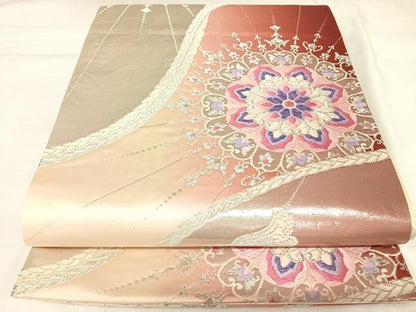平和屋着物◎両面　六通柄袋帯　唐織　正倉院花文　銀糸　正絹　逸品　AABK0916yx