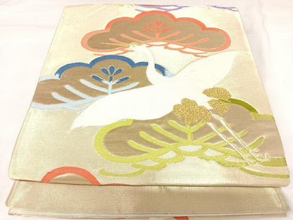 平和屋着物◎六通柄袋帯　唐織　飛鶴松文　金糸　正絹　逸品　AABK0917yx