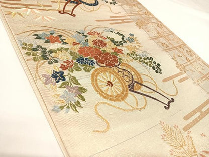 平和屋着物◎六通柄袋帯　唐織　花車文　金糸　正絹　逸品　AABK0920yx