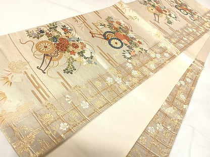 平和屋着物◎六通柄袋帯　唐織　花車文　金糸　正絹　逸品　AABK0920yx