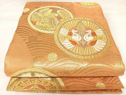 平和屋着物◎佐賀錦　全通柄袋帯　唐織　双鶴松文　金糸　正絹　逸品　AABK0923yx