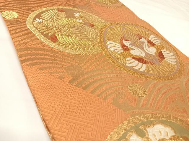 平和屋着物◎佐賀錦　全通柄袋帯　唐織　双鶴松文　金糸　正絹　逸品　AABK0923yx