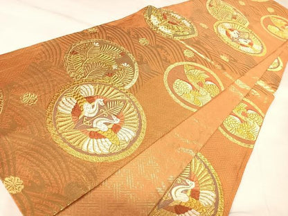 平和屋着物◎佐賀錦　全通柄袋帯　唐織　双鶴松文　金糸　正絹　逸品　AABK0923yx
