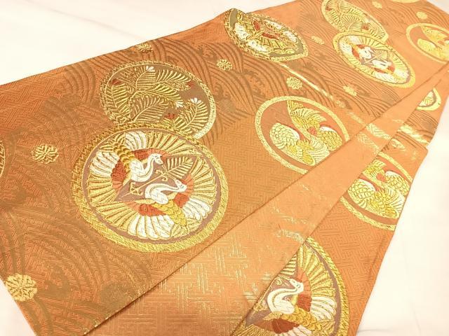 平和屋着物◎佐賀錦　全通柄袋帯　唐織　双鶴松文　金糸　正絹　逸品　AABK0923yx
