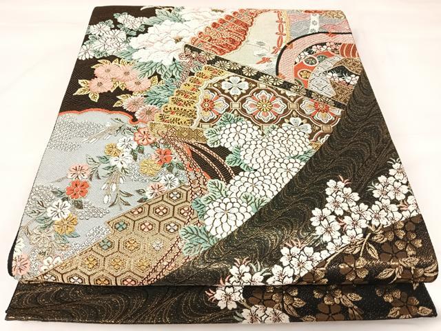 平和屋着物◎六通柄袋帯　唐織　亀甲草花文　黒地　金銀糸　正絹　逸品　AABK0925yx