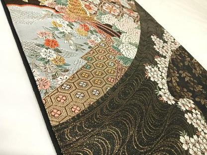 平和屋着物◎六通柄袋帯　唐織　亀甲草花文　黒地　金銀糸　正絹　逸品　AABK0925yx