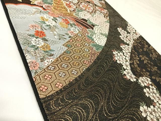 平和屋着物◎六通柄袋帯　唐織　亀甲草花文　黒地　金銀糸　正絹　逸品　AABK0925yx
