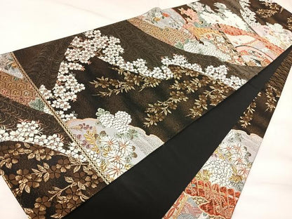 平和屋着物◎六通柄袋帯　唐織　亀甲草花文　黒地　金銀糸　正絹　逸品　AABK0925yx