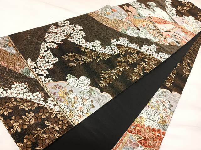 平和屋着物◎六通柄袋帯　唐織　亀甲草花文　黒地　金銀糸　正絹　逸品　AABK0925yx