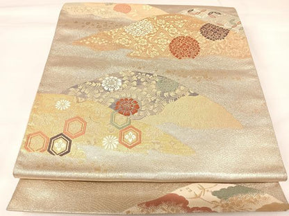 平和屋着物◎六通柄袋帯　唐織　慶長山霞文　金銀糸　正絹　逸品　AABK0926yx